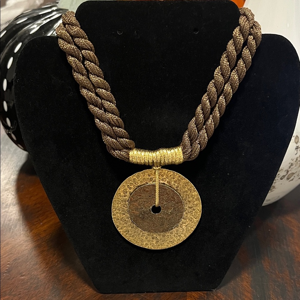 Vintage Braided Gold Choker Necklace | Hammered Disc Pendant